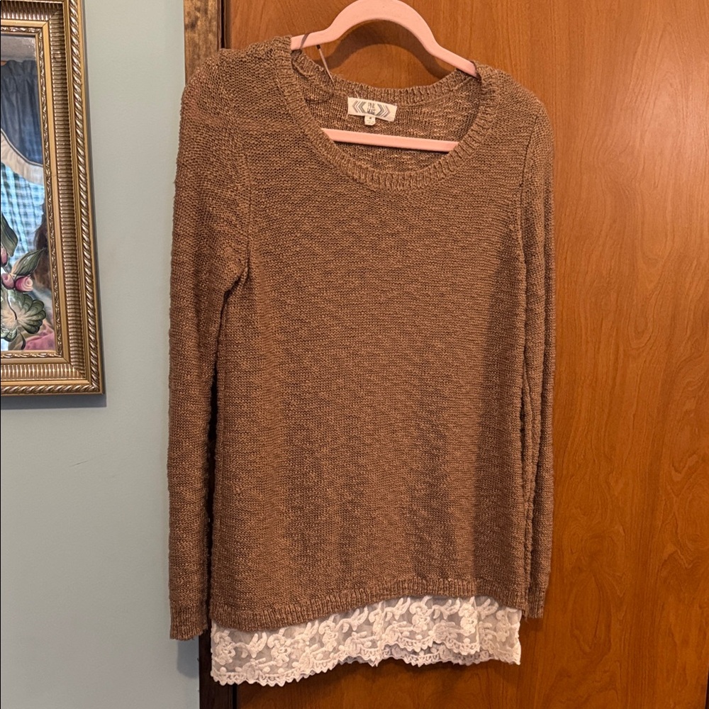 Pink Rose Brown Knit Sweater with Lace Hem